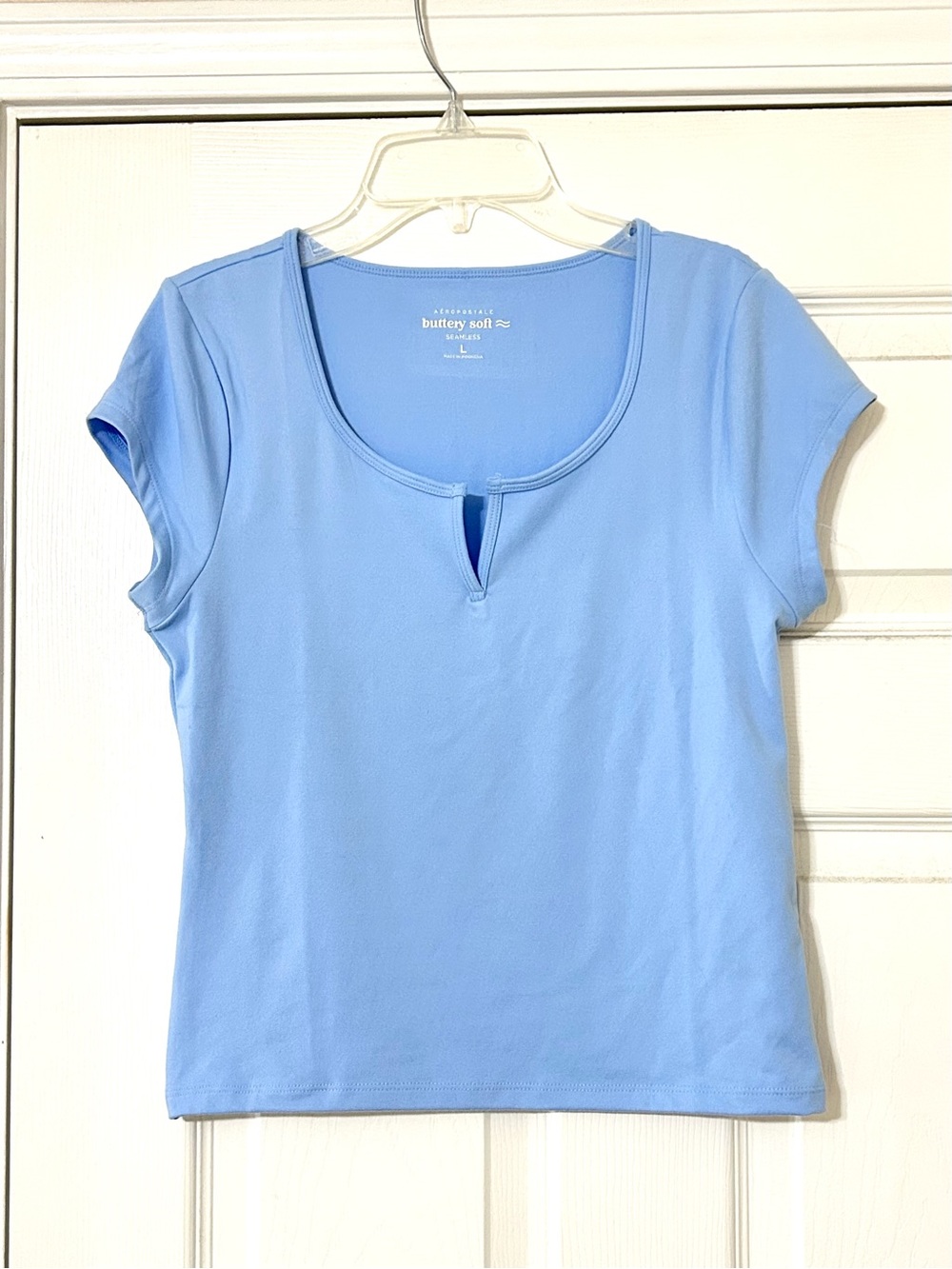 Aeropostale Buttery Soft Powder Blue Fitted Scoop Neck Cap Sleeve Tee